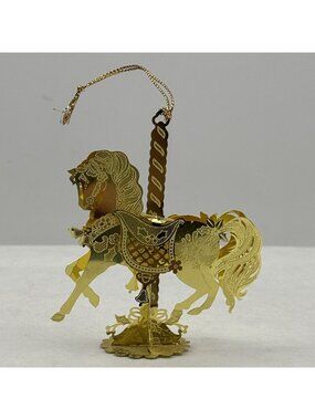 Vintage Carousel Horse Ornament Intricate Detailing 3D Metal Gold-Tone 3.5"